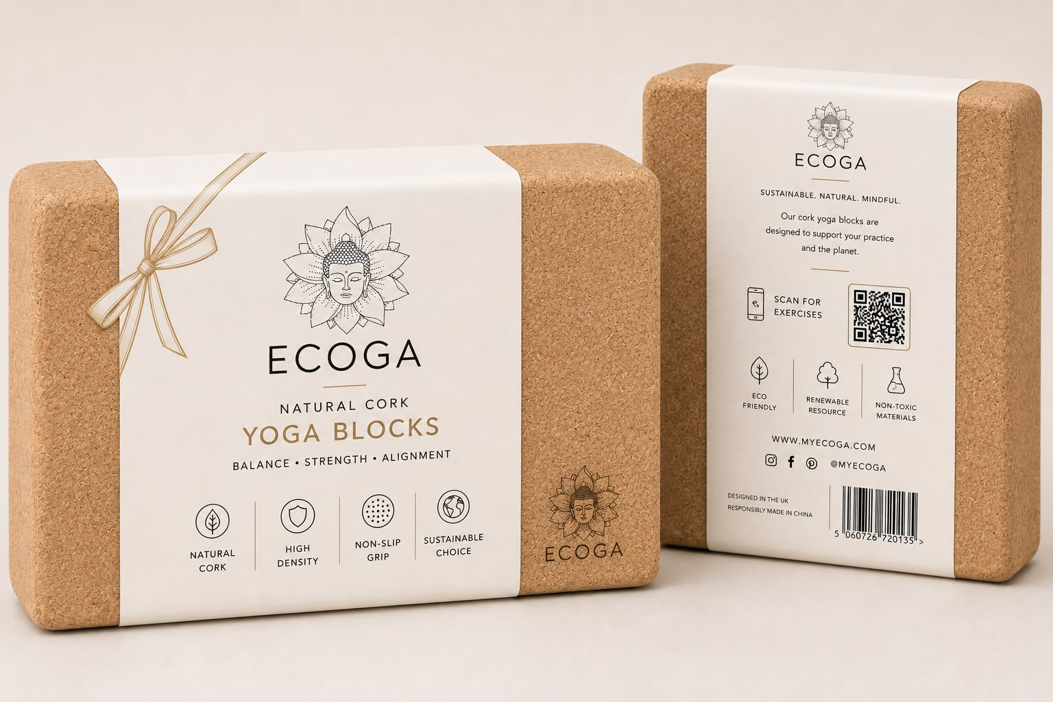 Ecoga cork yoga block prototypes with paper packaging